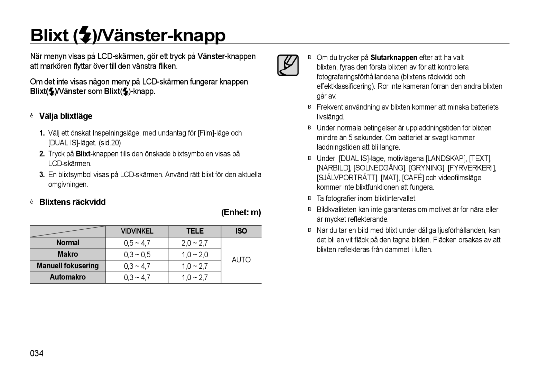 Samsung EC-WB500ABP/E2, EC-WB500BBP/E2 manual Blixt /Vänster-knapp, Välja blixtläge, Blixtens räckvidd Enhet m, 034 