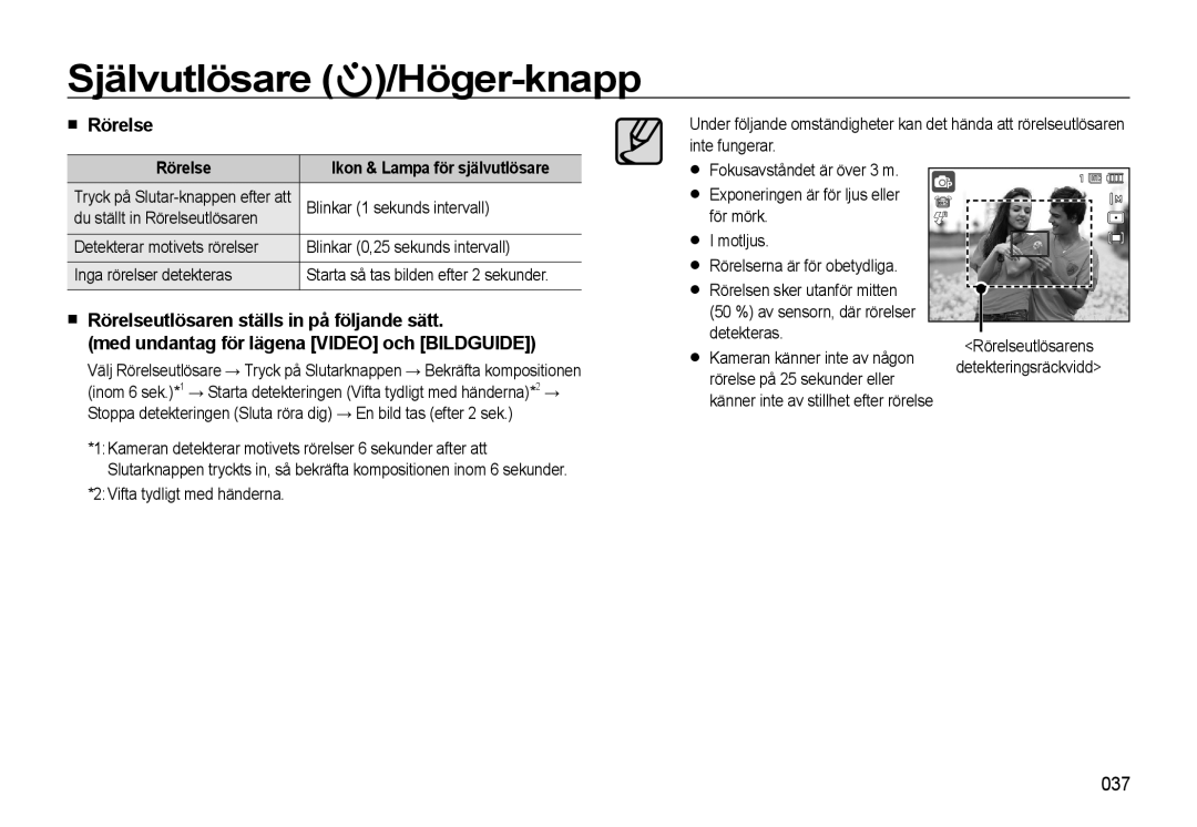 Samsung EC-WB500ABP/E2, EC-WB500BBP/E2, EC-WB500BBA/E2 manual 037, Rörelse Ikon & Lampa för självutlösare 