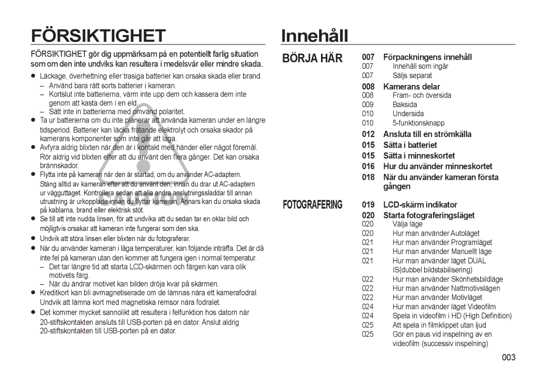 Samsung EC-WB500BBA/E2, EC-WB500BBP/E2, EC-WB500ABP/E2 manual Innehåll 