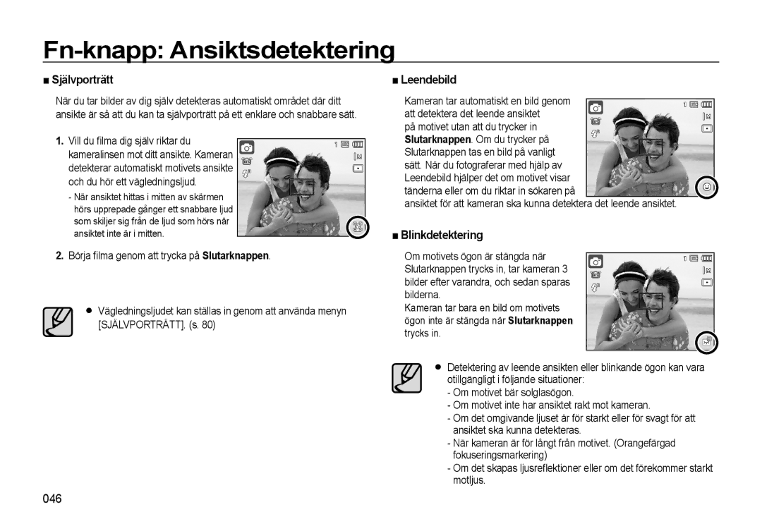 Samsung EC-WB500ABP/E2, EC-WB500BBP/E2, EC-WB500BBA/E2 manual Självporträtt, Leendebild, Blinkdetektering, 046 