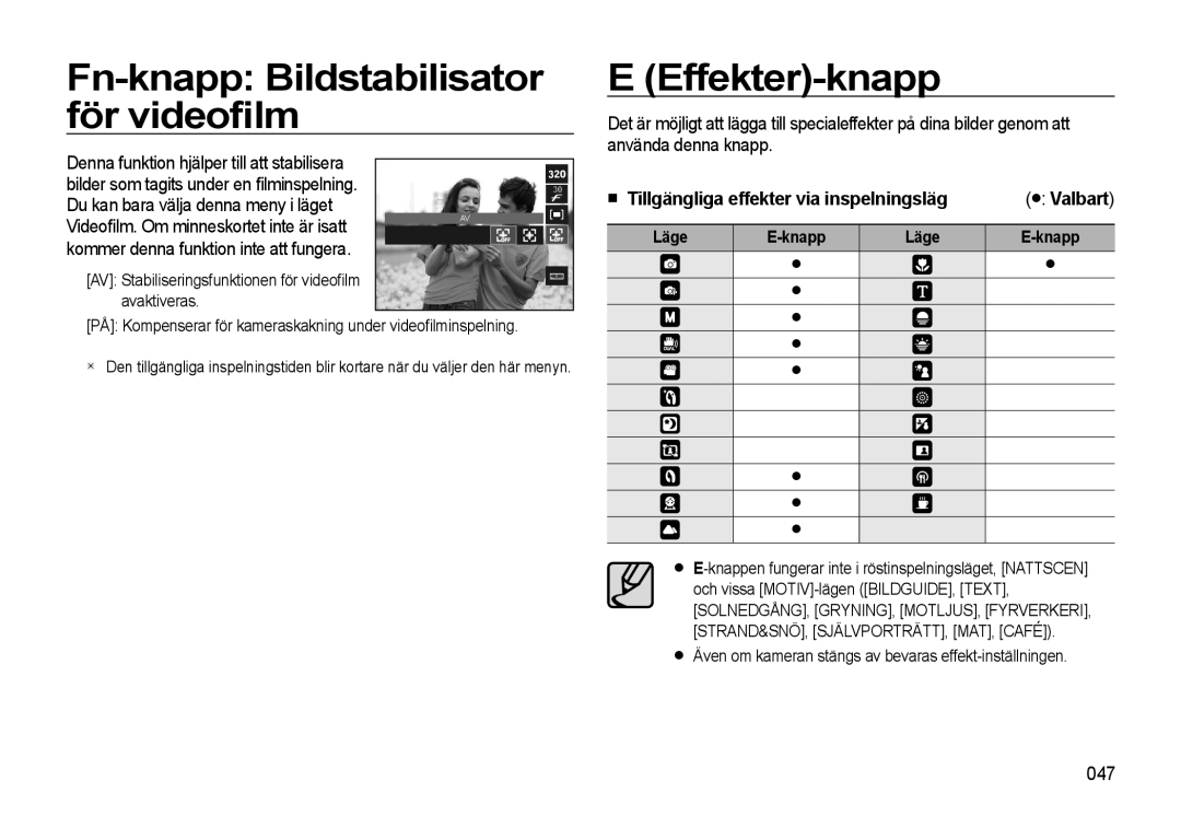 Samsung EC-WB500BBP/E2 Fn-knapp Bildstabilisator för videoﬁlm, Effekter-knapp, Du kan bara välja denna meny i läget, 047 