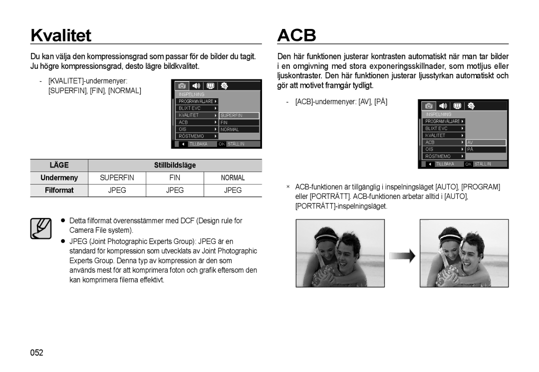 Samsung EC-WB500ABP/E2, EC-WB500BBP/E2, EC-WB500BBA/E2 manual Kvalitet, 052, ACB-undermenyer AV, PÅ 