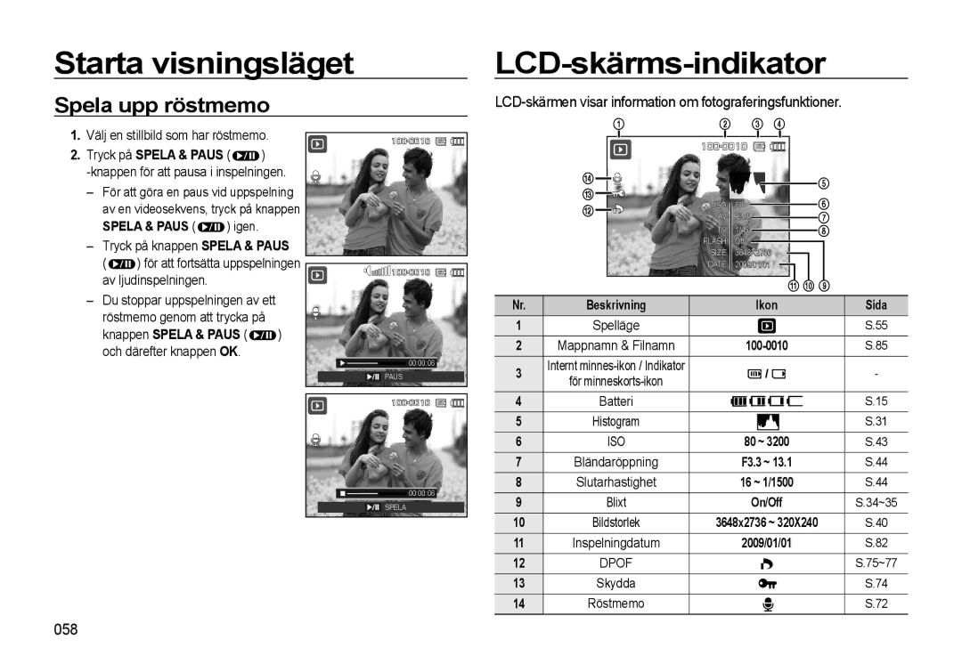 Samsung EC-WB500ABP/E2 LCD-skärms-indikator, Spela upp röstmemo, LCD-skärmen visar information om fotograferingsfunktioner 