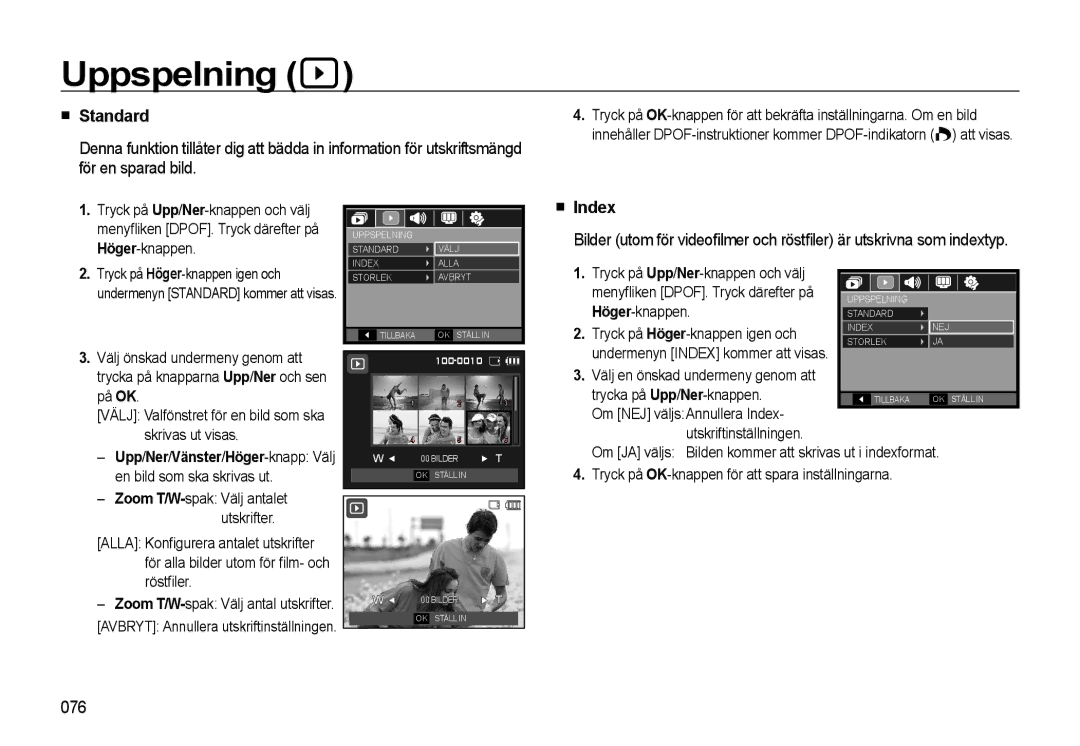 Samsung EC-WB500ABP/E2, EC-WB500BBP/E2 Standard, Index, 076, Upp/Ner/Vänster/Höger-knapp Välj en bild som ska skrivas ut 