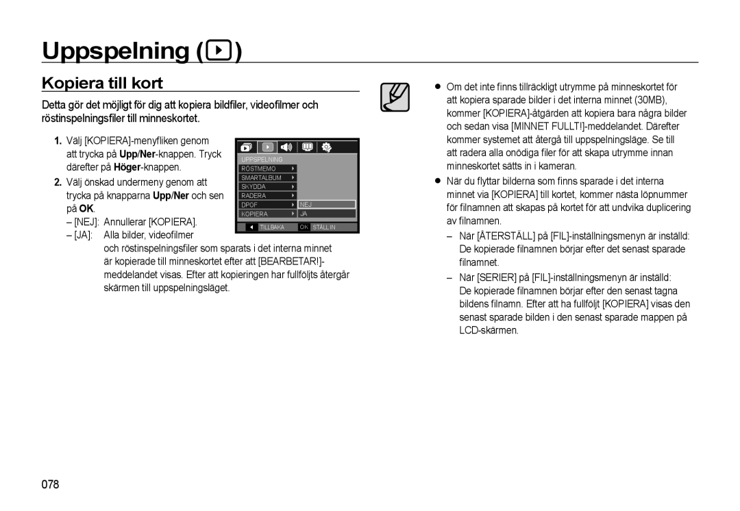 Samsung EC-WB500BBA/E2, EC-WB500BBP/E2 Kopiera till kort, 078, Välj KOPIERA-menyﬂiken genom, Därefter på Höger-knappen 