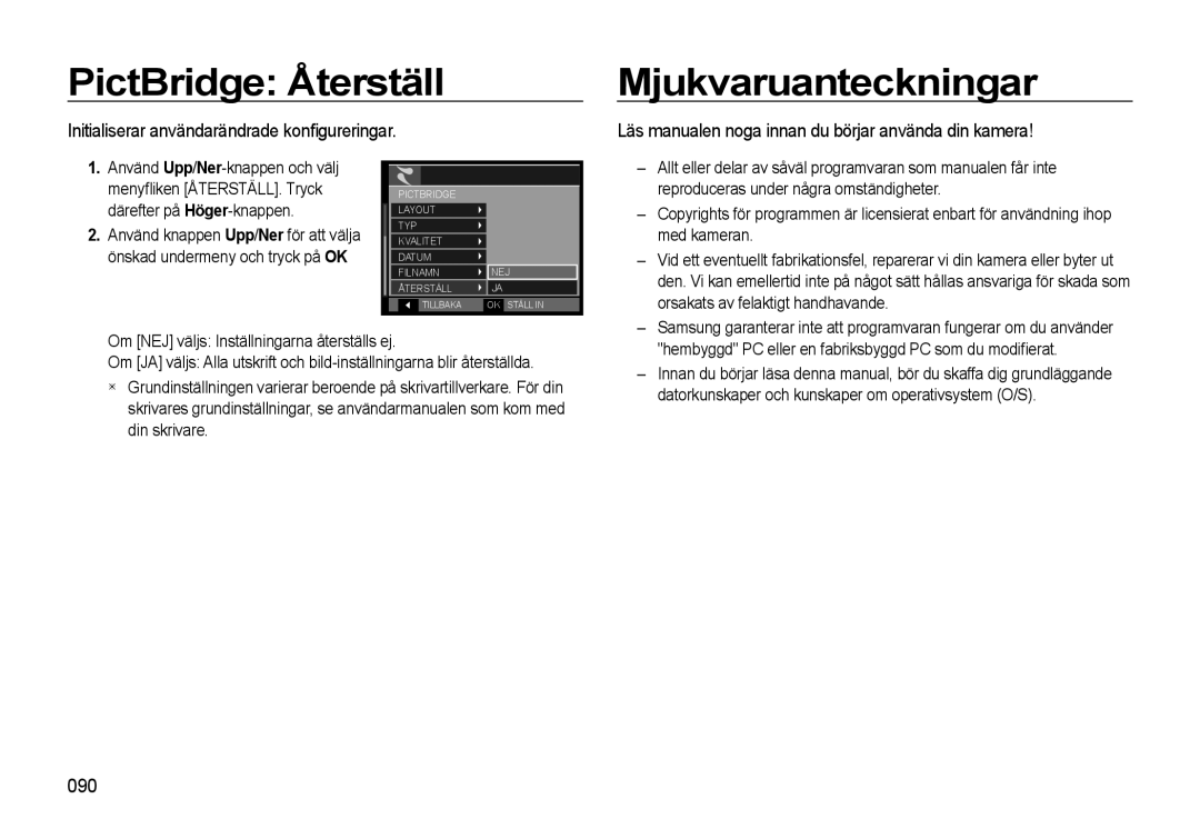 Samsung EC-WB500BBA/E2 manual PictBridge Återställ, Mjukvaruanteckningar, Initialiserar användarändrade konﬁgureringar, 090 