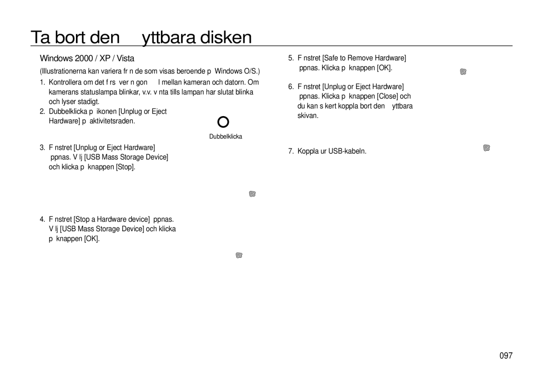 Samsung EC-WB500ABP/E2, EC-WB500BBP/E2, EC-WB500BBA/E2 manual Ta bort den ﬂyttbara disken, Windows 2000 / XP / Vista, 097 