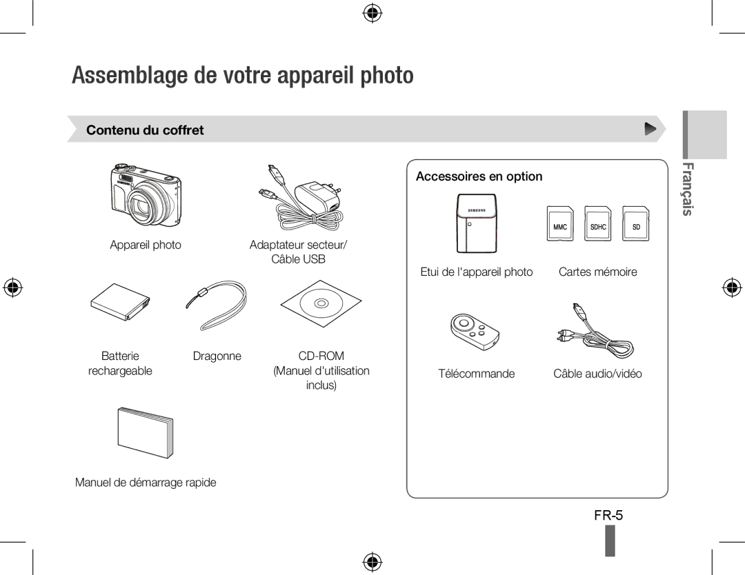 Samsung EC-WB500ABP/E3, EC-WB500BBP/FR manual Assemblage de votre appareil photo, Contenu du coffret, Accessoires en option 