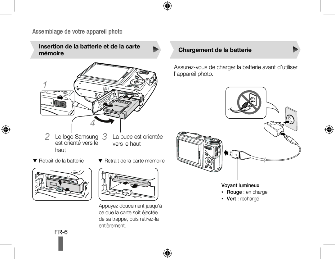 Samsung EC-WB500BBP/RU Insertion de la batterie et de la carte mémoire, Vers le haut, Haut, Chargement de la batterie 