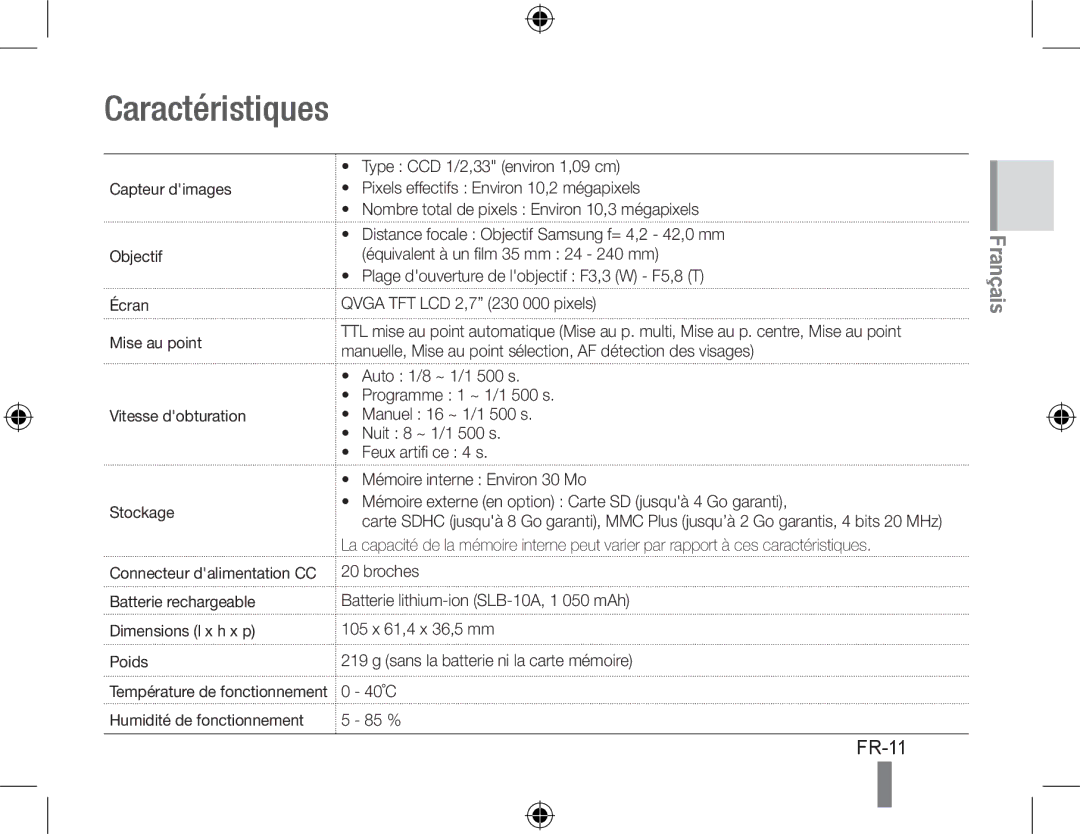 Samsung EC-WB500BBA/E2, EC-WB500BBP/FR, EC-WB510BBP/FR, EC-WB500ABP/GB, EC-WB500ABP/FR, EC-WB500BBP/IT Caractéristiques, FR-11 