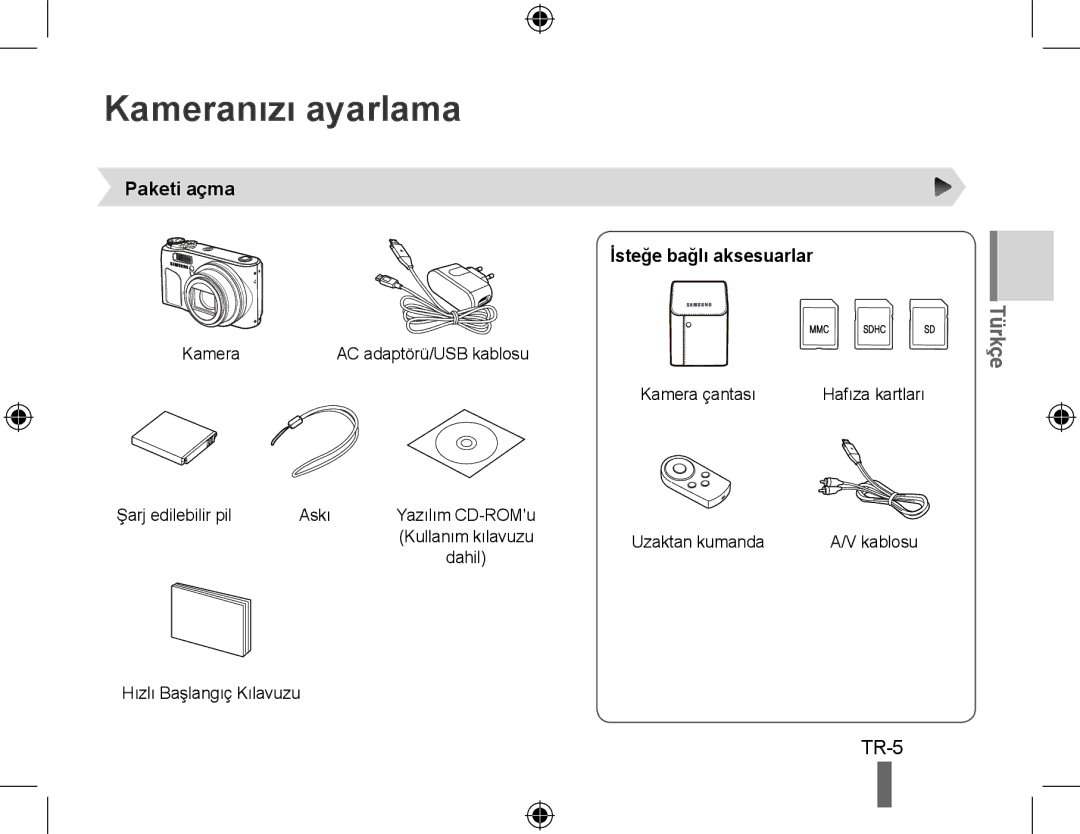 Samsung EC-WB500ABA/RU, EC-WB500BBP/FR, EC-WB510BBP/FR manual Kameranızı ayarlama, Paketi açma İsteğe bağlı aksesuarlar 