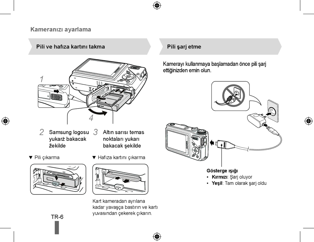 Samsung EC-WB500ABA/E1 manual Ettiğinizden emin olun, Pili ve hafıza kartını takma, Altın sarısı temas, Pili şarj etme 