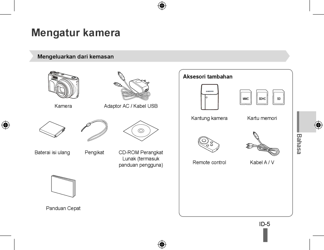 Samsung EC-WB500ABA/E3, EC-WB500BBP/FR, EC-WB510BBP/FR manual Mengatur kamera, Mengeluarkan dari kemasan Aksesori tambahan 