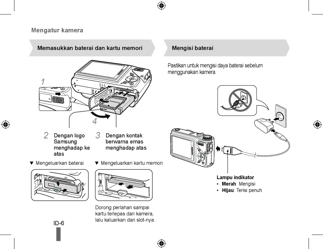 Samsung EC-WB500BBA/E3 manual Memasukkan baterai dan kartu memori, Dengan logo Samsung menghadap ke atas, Mengisi baterai 