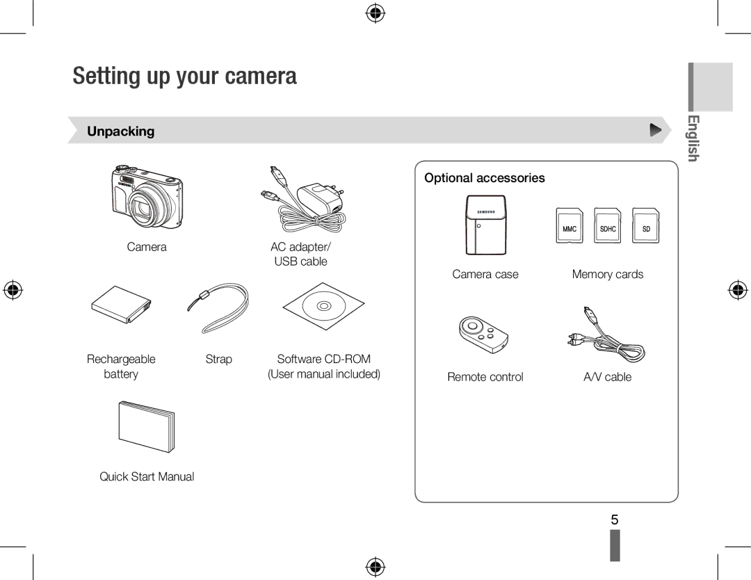 Samsung EC-WB500BBA/IT, EC-WB500BBP/FR, EC-WB510BBP/FR manual Setting up your camera, Unpacking, Optional accessories 