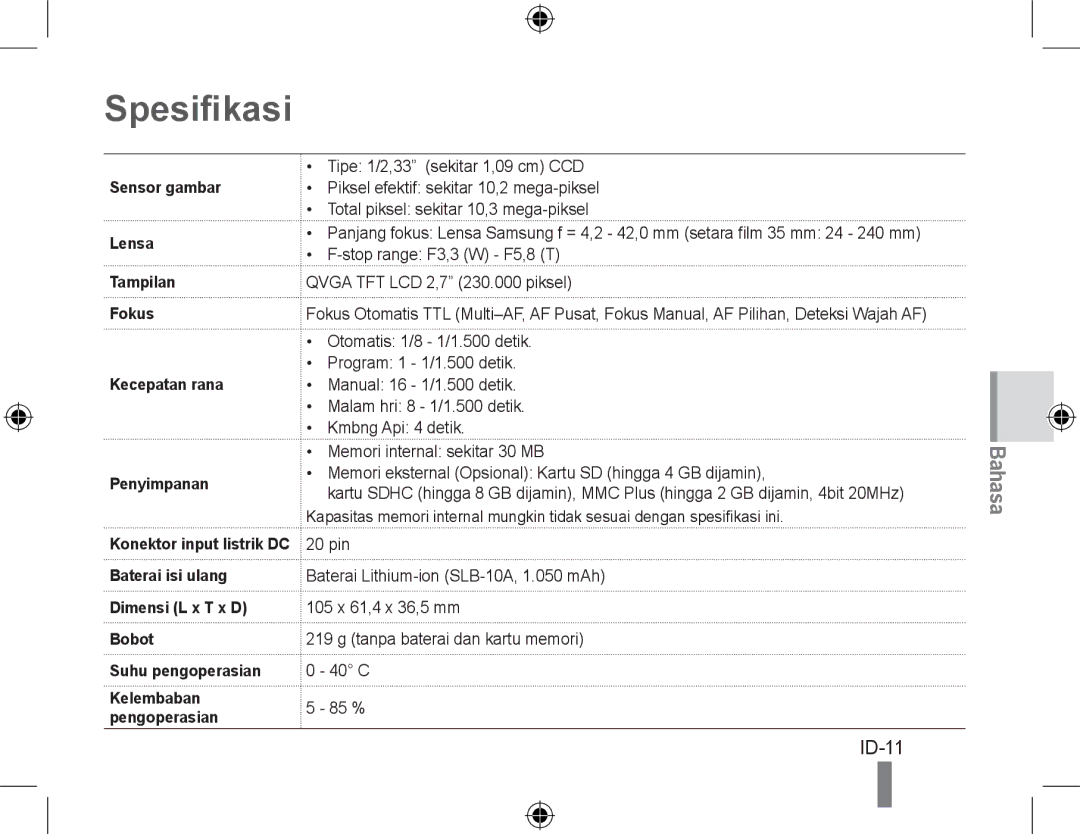 Samsung EC-WB500BBA/RU, EC-WB500BBP/FR, EC-WB510BBP/FR, EC-WB500ABP/GB manual Spesifikasi, ID-11, Sensor gambar Lensa 