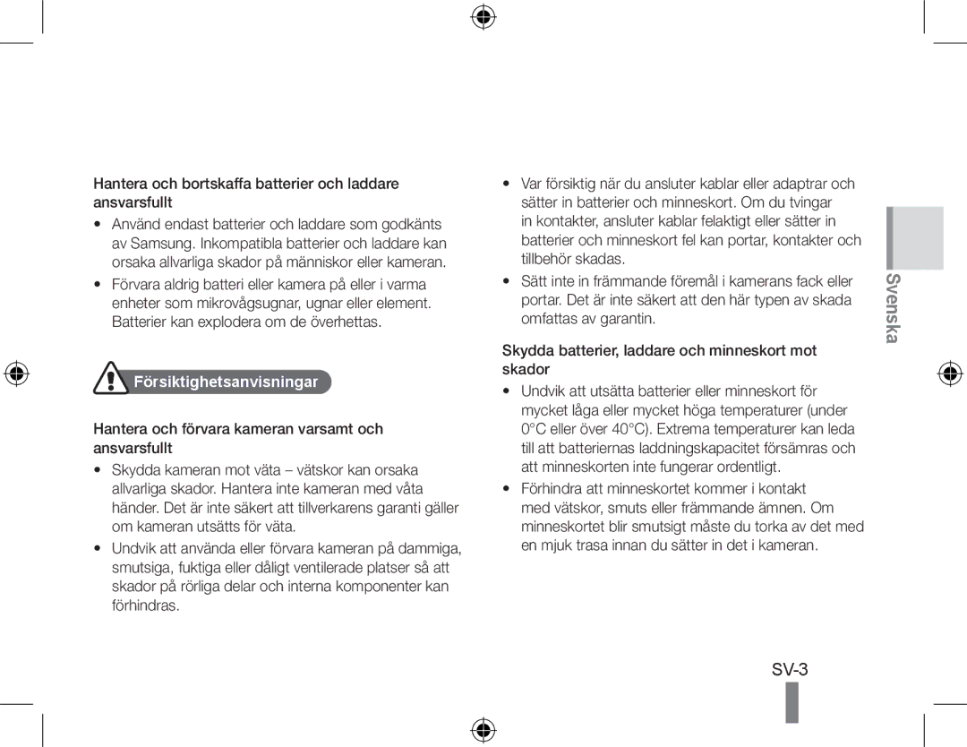 Samsung EC-WB500ABP/RU, EC-WB500BBP/FR Hantera och bortskaffa batterier och laddare ansvarsfullt, Försiktighetsanvisningar 