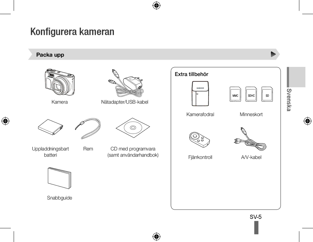 Samsung EC-WB500ABA/RU, EC-WB500BBP/FR, EC-WB510BBP/FR, EC-WB500ABP/GB manual Konfigurera kameran, Packa upp, Extra tillbehör 