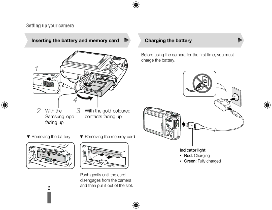 Samsung EC-WB500ABA/IT manual Inserting the battery and memory card Charging the battery, With the gold-coloured 