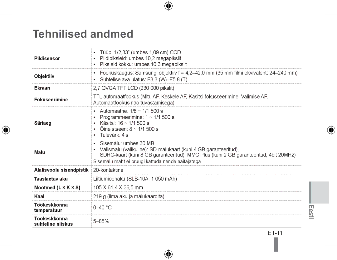 Samsung EC-WB500BBP/FR, EC-WB510BBP/FR manual Tehnilised andmed, Pildisensor Objektiiv Ekraan Fokuseerimine Säriaeg Mälu 