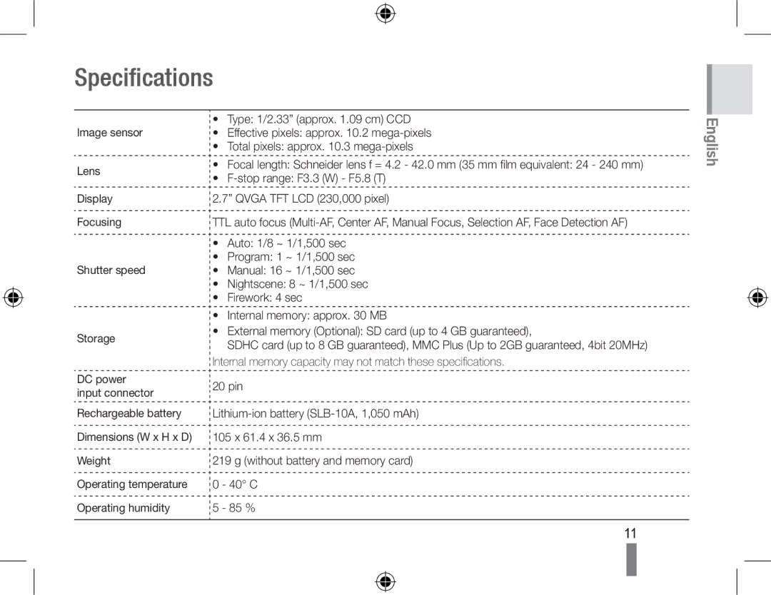 Samsung EC-WB500ABP/ME, EC-WB500BBP/FR, EC-WB510BBP/FR, EC-WB500ABP/GB, EC-WB500ABP/FR, EC-WB500BBP/IT manual Specifications 