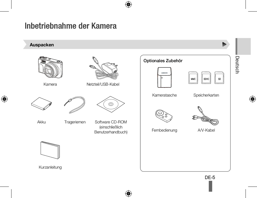 Samsung EC-WB500ABP/E3 Inbetriebnahme der Kamera, Auspacken, Optionales Zubehör, Kamera Akku Trageriemen, Kurzanleitung 