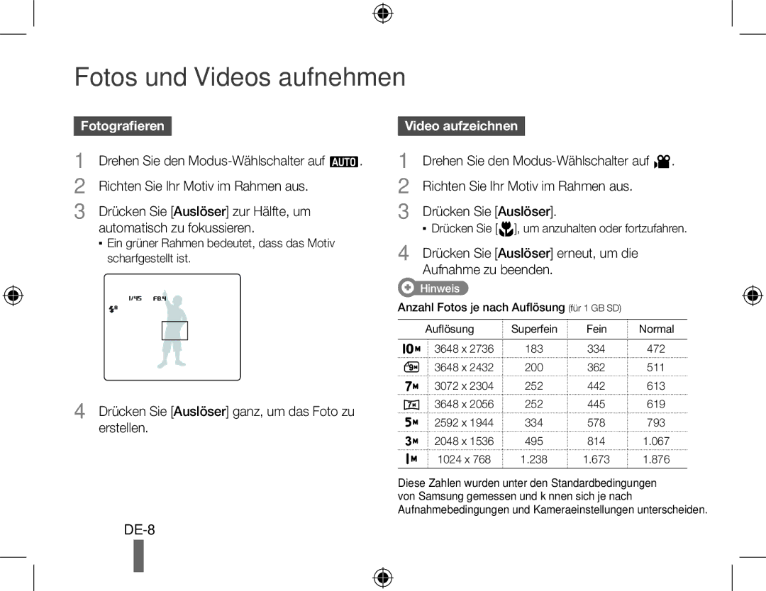 Samsung EC-WB500ABA/E3, EC-WB500BBP/FR, EC-WB510BBP/FR, EC-WB500ABP/GB, EC-WB500ABP/FR manual Fotografieren, Video aufzeichnen 