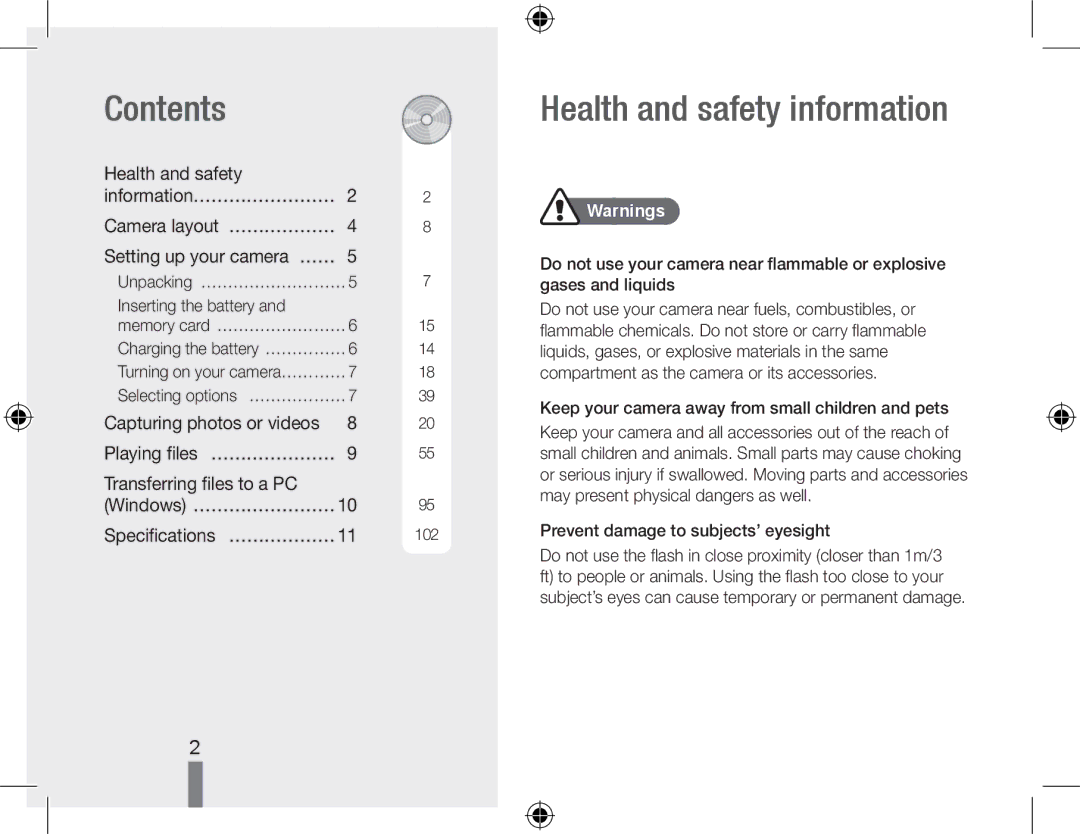 Samsung EC-WB500ABP/GB, EC-WB500BBP/FR, EC-WB510BBP/FR, EC-WB500ABP/FR manual Contents, Health and safety information 