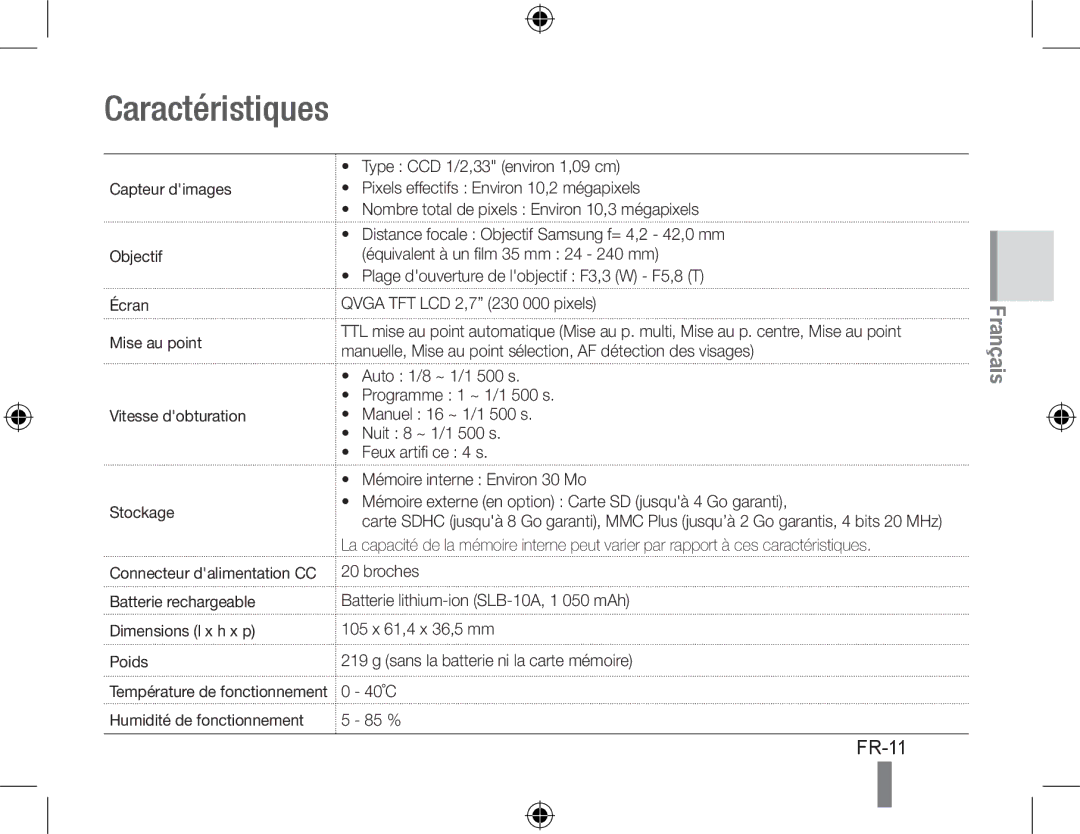 Samsung EC-WB500BBP/IT, EC-WB500BBP/FR, EC-WB510BBP/FR, EC-WB500ABP/GB, EC-WB500ABP/FR, EC-WB500BBA/IT manual Caractéristiques 