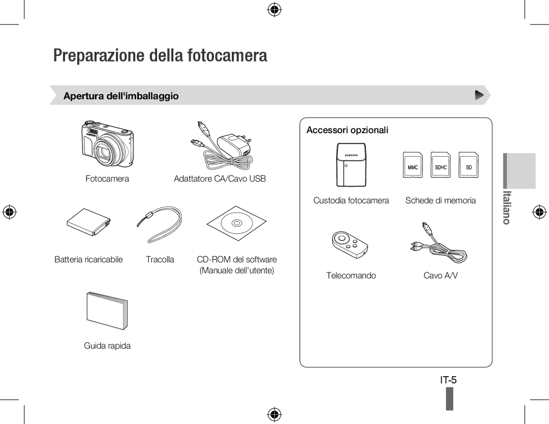 Samsung EC-WB500BBP/ZA, EC-WB500BBP/FR manual Preparazione della fotocamera, Apertura dellimballaggio, Accessori opzionali 