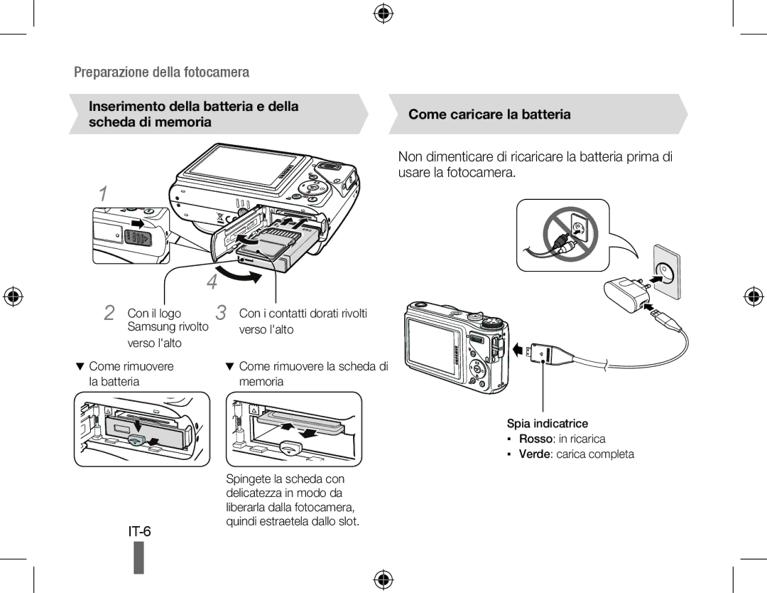 Samsung EC-WB500BBA/E1, EC-WB500BBP/FR Inserimento della batteria e della, Scheda di memoria, Come caricare la batteria 