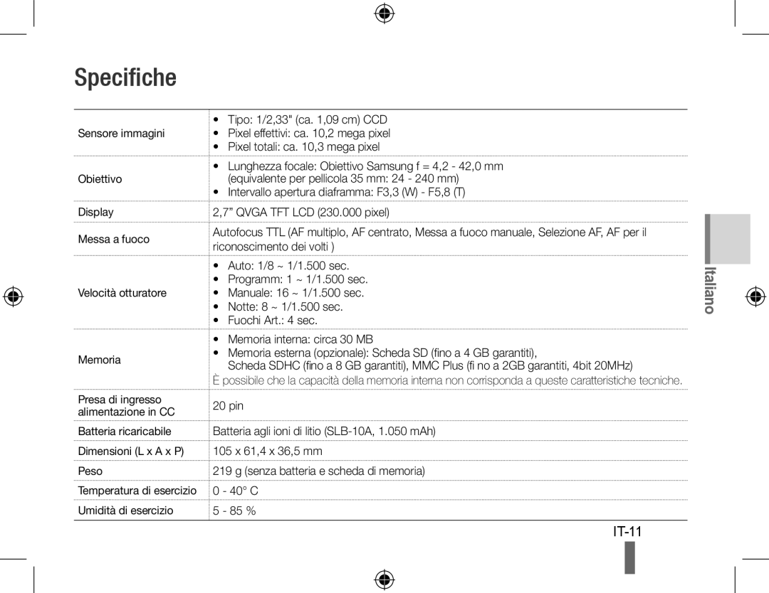 Samsung EC-WB500BBP/VN, EC-WB500BBP/FR, EC-WB510BBP/FR manual Specifiche, Batteria ricaricabile Dimensioni L x a x P Peso 