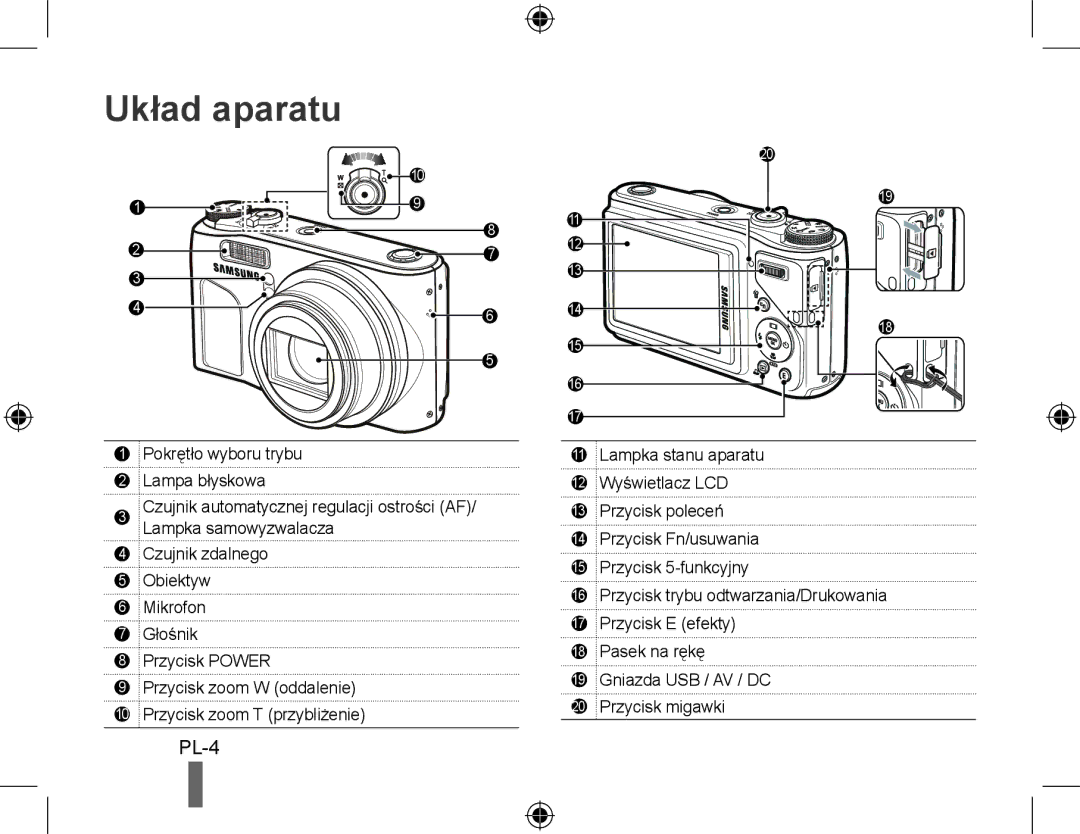 Samsung EC-WB500BBP/E3, EC-WB500BBP/FR, EC-WB510BBP/FR, EC-WB500ABP/GB, EC-WB500ABP/FR, EC-WB500BBP/IT manual Układ aparatu 