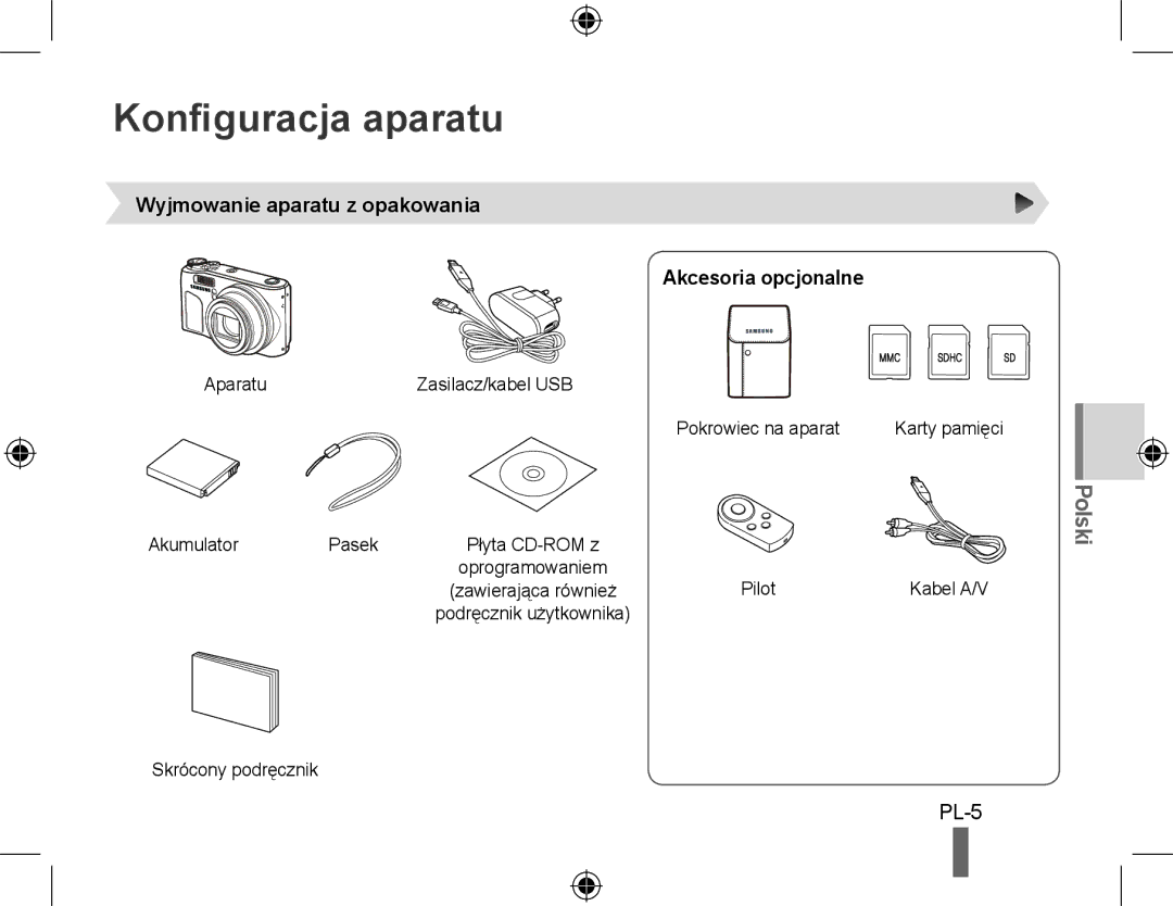 Samsung EC-WB500ABA/E3, EC-WB500BBP/FR manual Konfiguracja aparatu, Wyjmowanie aparatu z opakowania Akcesoria opcjonalne 