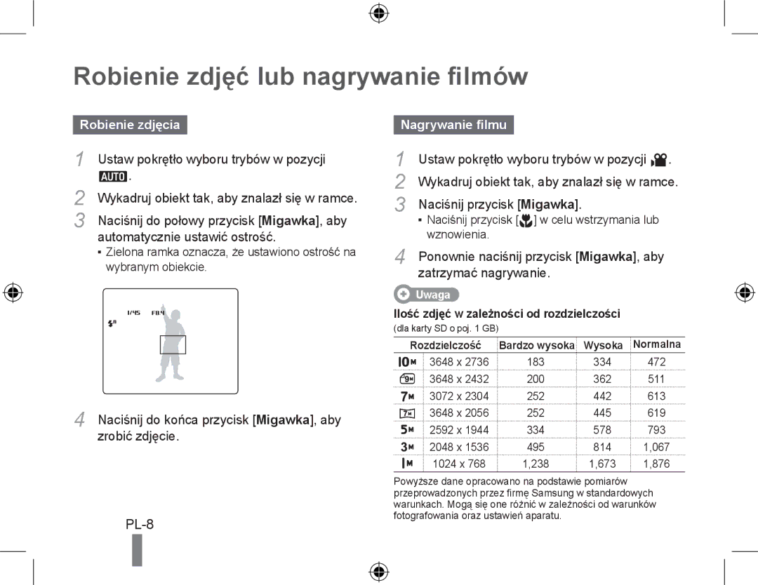 Samsung EC-WB500BBA/E2, EC-WB500BBP/FR manual Robienie zdjęć lub nagrywanie filmów, Robienie zdjęcia, Nagrywanie filmu 