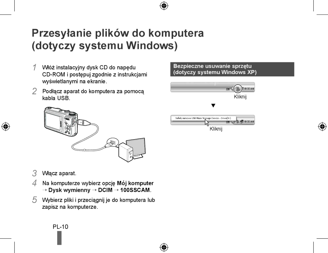 Samsung EC-WB500ABP/RU manual Przesyłanie plików do komputera dotyczy systemu Windows, Wyświetlanymi na ekranie, Kabla USB 