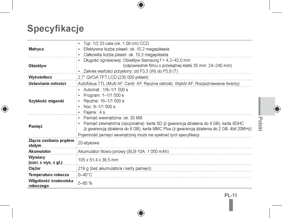 Samsung EC-WB500BBA/RU, EC-WB500BBP/FR, EC-WB510BBP/FR, EC-WB500ABP/GB, EC-WB500ABP/FR, EC-WB500BBP/IT manual Specyfikacje 