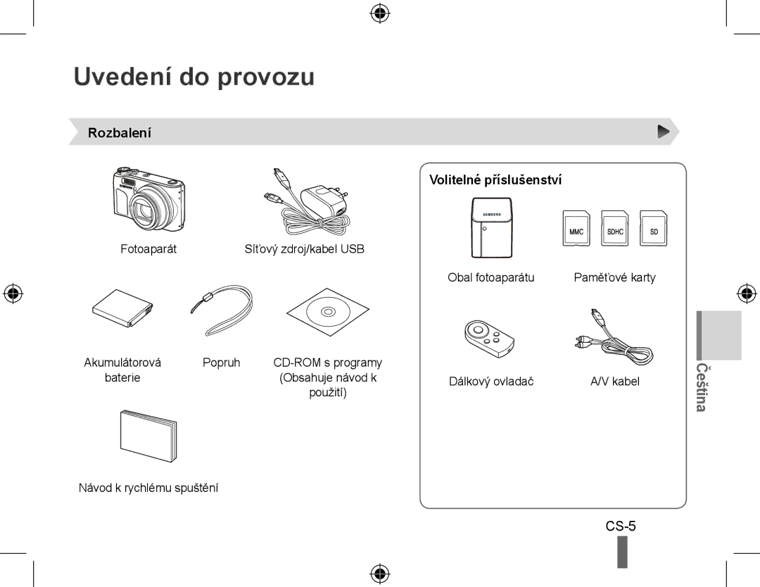 Samsung EC-WB510BBP/FR, EC-WB500BBP/FR, EC-WB500ABP/GB, EC-WB500ABP/FR Uvedení do provozu, Rozbalení Volitelné příslušenství 