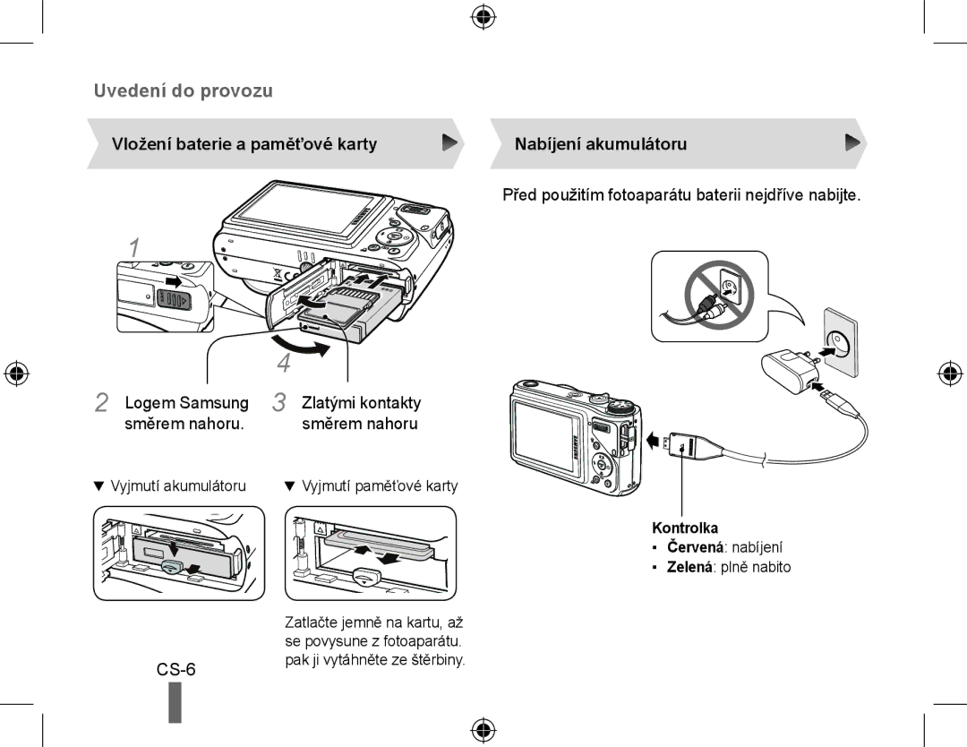 Samsung EC-WB500ABP/GB manual Vložení baterie a paměťové karty, Logem Samsung Zlatými kontakty Směrem nahoru, Kontrolka 