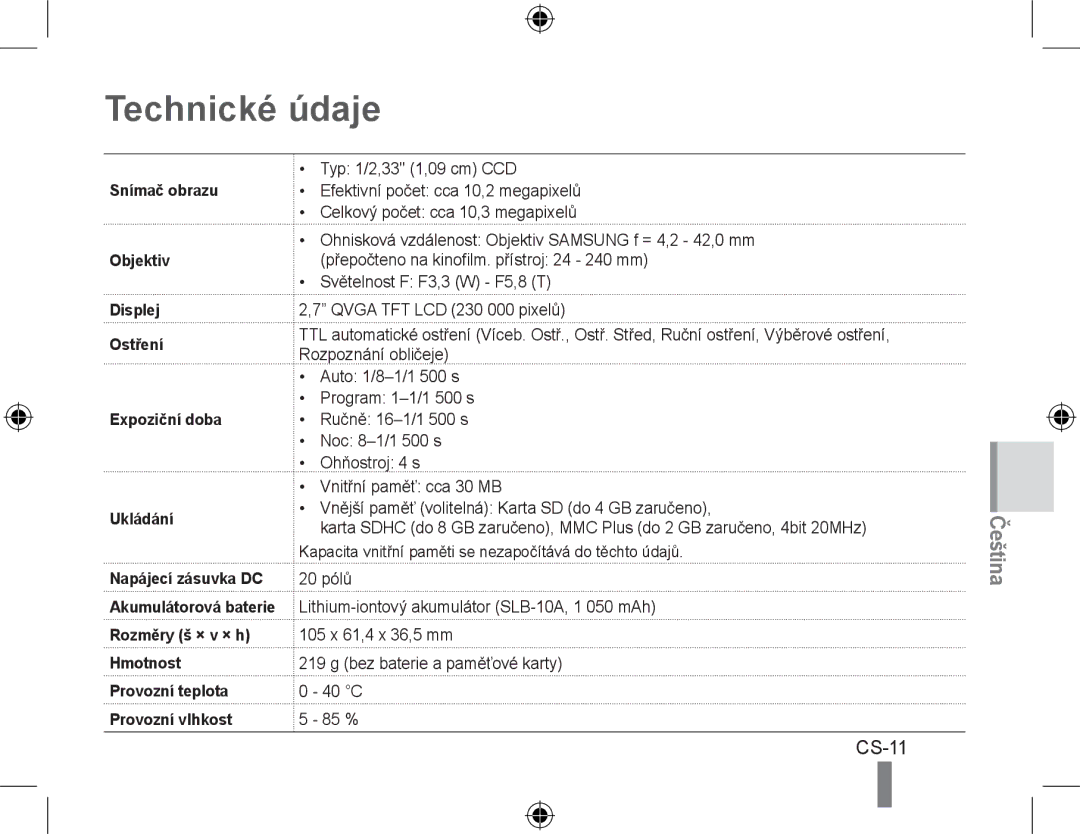 Samsung EC-WB500ABP/IT, EC-WB500BBP/FR, EC-WB510BBP/FR, EC-WB500ABP/GB, EC-WB500ABP/FR, EC-WB500BBP/IT manual Technické údaje 