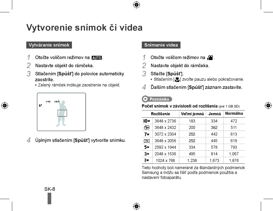 Samsung EC-WB500BBP/VN, EC-WB500BBP/FR, EC-WB510BBP/FR manual Vytvorenie snímok či videa, Vytváranie snímok, Snímanie videa 