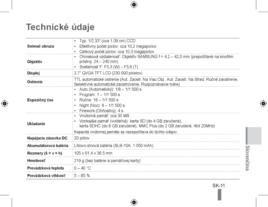 Samsung EC-WB500BBP/E3, EC-WB500BBP/FR, EC-WB510BBP/FR, EC-WB500ABP/GB, EC-WB500ABP/FR Technické údaje, Prevádzková vlhkosť 