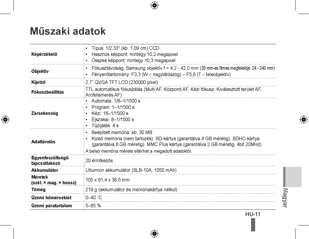 Samsung EC-WB500BBP/FR, EC-WB510BBP/FR, EC-WB500ABP/GB, EC-WB500ABP/FR, EC-WB500BBP/IT, EC-WB500BBA/IT manual Műszaki adatok 