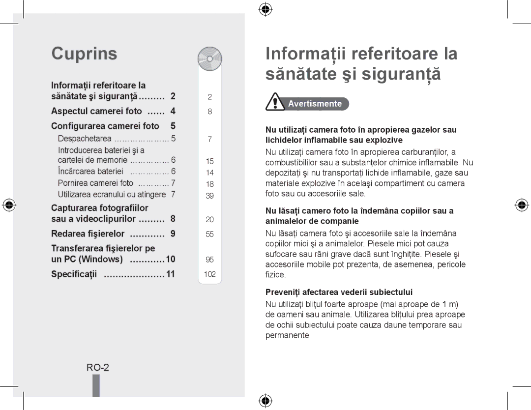 Samsung EC-WB510BBP/FR Cuprins, Informaţii referitoare la sănătate şi siguranţă, Configurarea camerei foto, Avertismente 