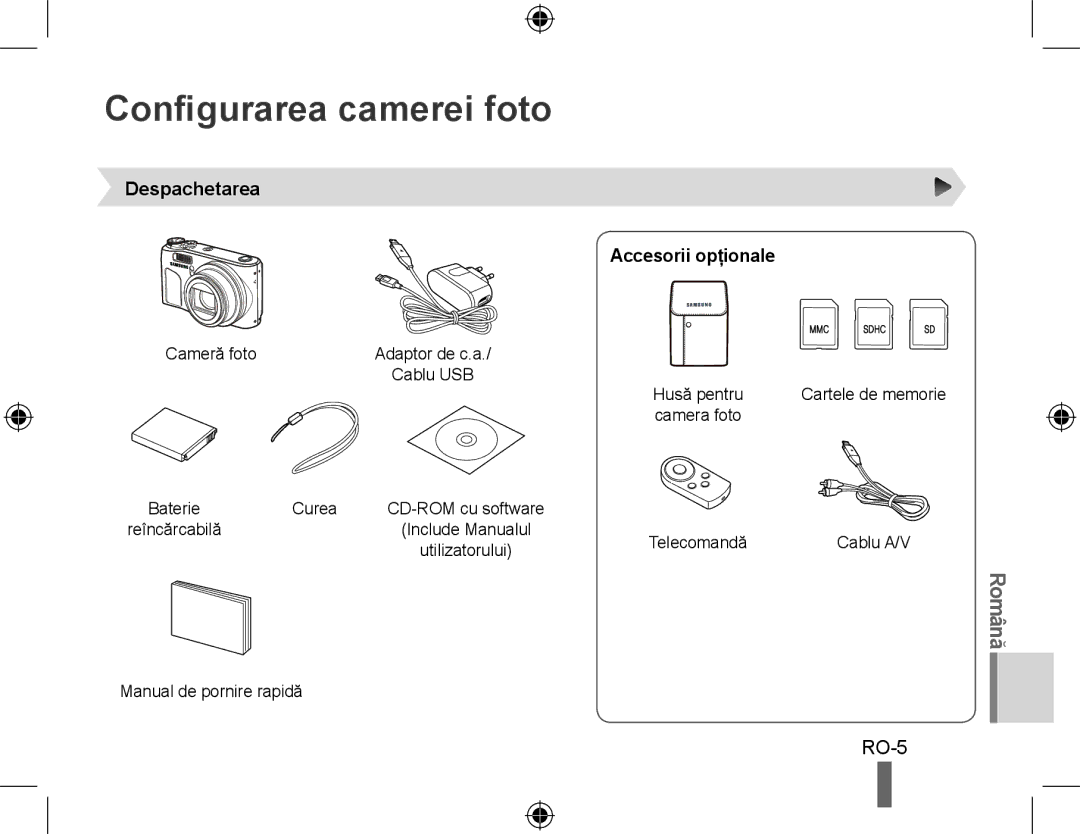 Samsung EC-WB500BBP/IT, EC-WB500BBP/FR manual Configurarea camerei foto, Despachetarea, Accesorii opţionale, Cablu USB 