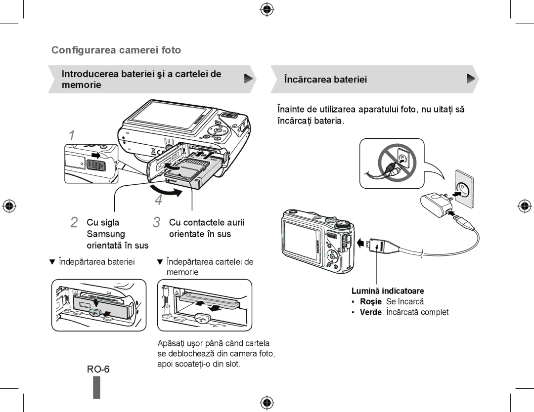 Samsung EC-WB500BBA/IT manual Introducerea bateriei şi a cartelei de, Memorie, Orientate în sus, Încărcarea bateriei 