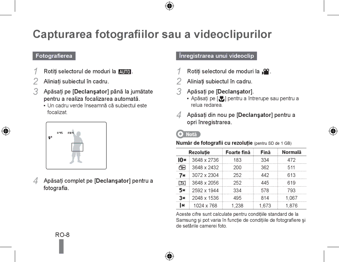 Samsung EC-WB500ABP/IT manual Capturarea fotografiilor sau a videoclipurilor, Fotografierea, Înregistrarea unui videoclip 