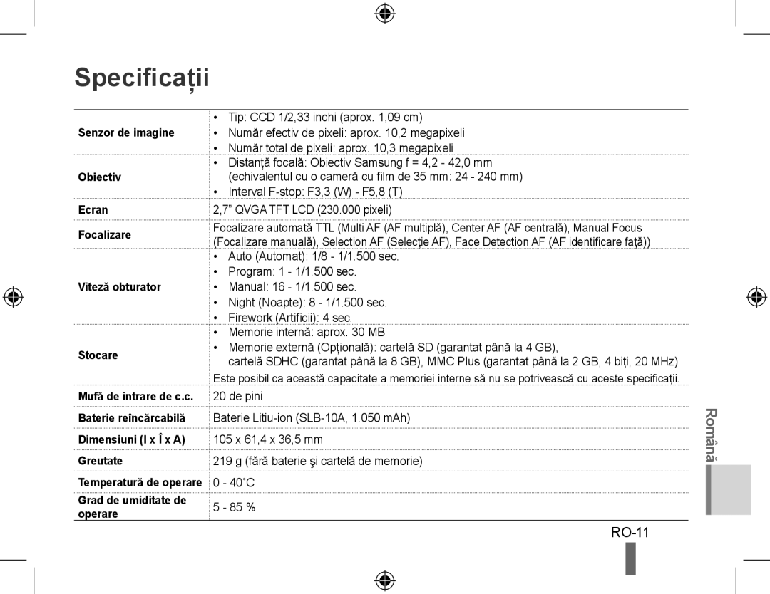 Samsung EC-WB500ABP/E1, EC-WB500BBP/FR manual Specificaţii, Senzor de imagine, Obiectiv, Grad de umiditate de operare 