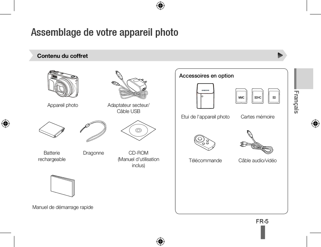 Samsung EC-WB500ABA/RU, EC-WB500BBP/FR manual Assemblage de votre appareil photo, Contenu du coffret, Accessoires en option 