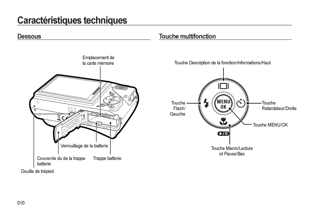 Samsung EC-WB500ABP/FR, EC-WB500BBP/FR, EC-WB510BBP/FR, EC-WB500ABP/GB manual Dessous, Touche multifonction 